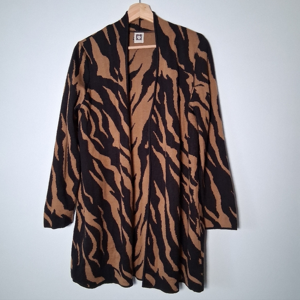 Anne Klein Cardigan Wool blend cardigan animal print open Front Brown Black